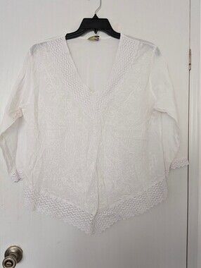 Olive Women's White 2X Embroidered Tunic Top Lace V Neck